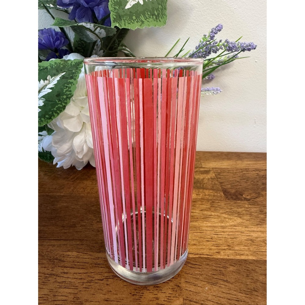 Vintage MCM Red Collins Glass MCM Tall‎ Striped Barware Cocktail Glass